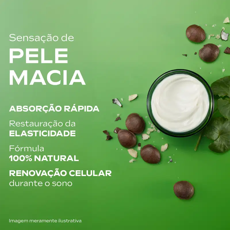 Creme visto de cima, com o texto: "sensação de pele macia, absorção rápida, restauração da elasticidade, fórmula 100% natural, renovação celular durante o sono".