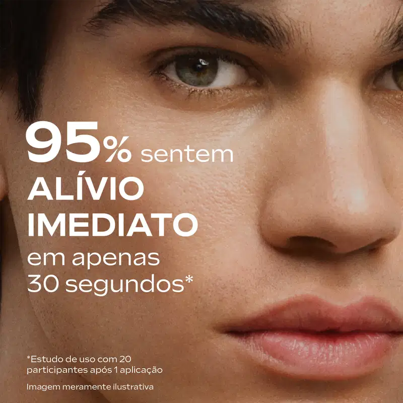 Imagem de homem com destaque aos lábios. Texto afirma: 95% sentem alívio imediato em apenas 30 segundos.