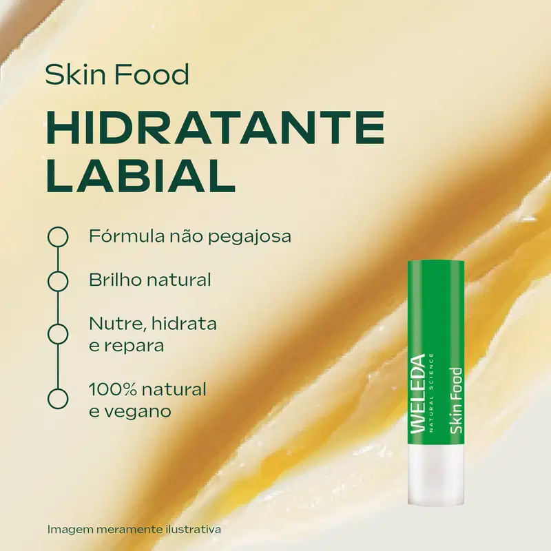 Texto da imagem: Skin Food hidratante labial, fórmula não pegajosa, brilho natural, nutre hidrata e repara, 100% natural e vegano.