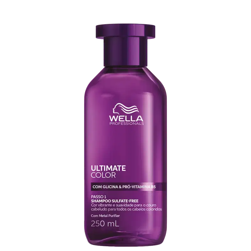 Frasco de shampoo da linha Ultimate Color da Wella Professionals, com 250 ml, em embalagem roxa com detalhes em branco, contendo informações sobre a fórmula com glicina e pró-vitamina B5.