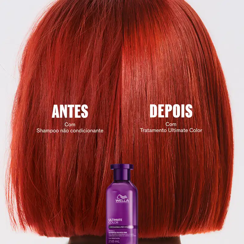 A imagem mostra um tratamento de cor de cabelo da marca Wella Professionals, com o produto Ultimate Color destacado em uma embalagem roxa. O antes e depois do tratamento são exibidos, com o cabelo vermelho brilhante após a aplicação do produto.