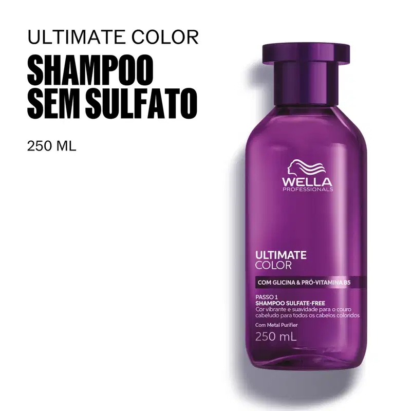 Frasco de shampoo sem sulfato da linha Ultimate Color da Wella Professionals, com 250 ml de capacidade, em embalagem roxa com detalhes em branco, destacando a presença de glicina e pró-vitamina B5 na fórmula.