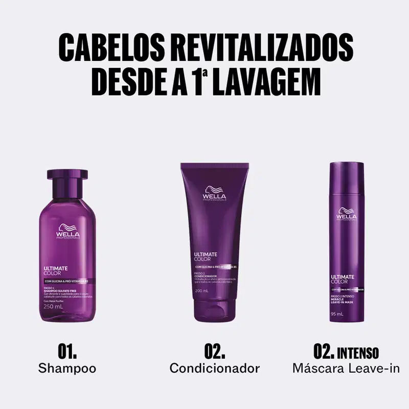CABELOS REVITALIZADOS DESDE A 1ª LAVAGEM
01. Shampoo
02. Condicionador
02. INTENSO Máscara Leave-in