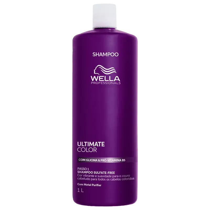 Frasco de shampoo da linha Ultimate Color da Wella Professionals, com 1 litro, em embalagem roxa com detalhes em branco, contendo informações sobre a fórmula com glicina e pró-vitamina B5.