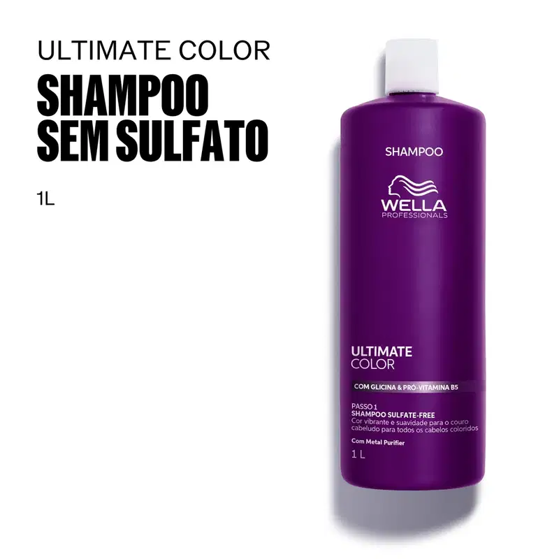 Frasco de shampoo sem sulfato da linha Ultimate Color da Wella Professionals, com 1 litro de capacidade, em embalagem roxa com detalhes em branco, destacando a presença de glicina e pró-vitamina B5 na fórmula.