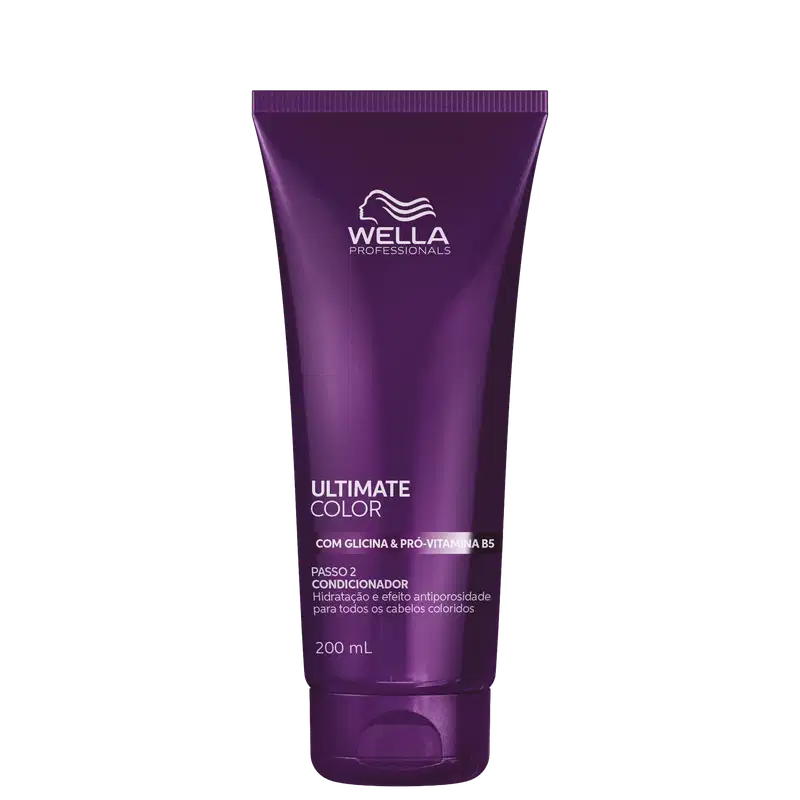 Frasco de condicionador da linha Ultimate Color da Wella Professionals, com 200 ml de volume, embalagem roxa com logo da marca, contendo informações sobre os benefícios do produto.
