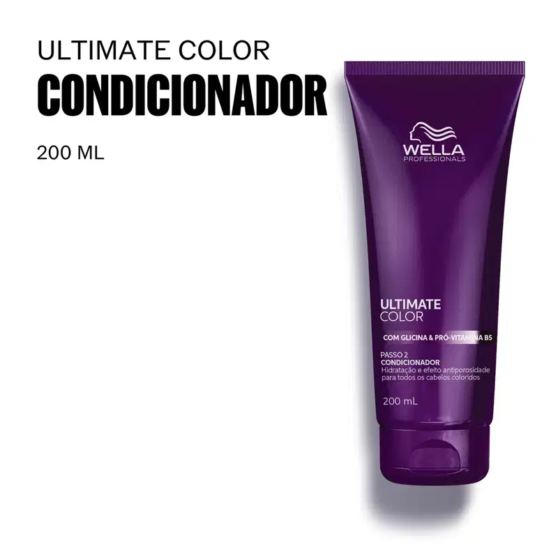 Condicionador Ultimate Color da Wella Professionals, em embalagem de 200 ml, com fórmula enriquecida com glicina e pró-vitamina B5 para cabelos coloridos.