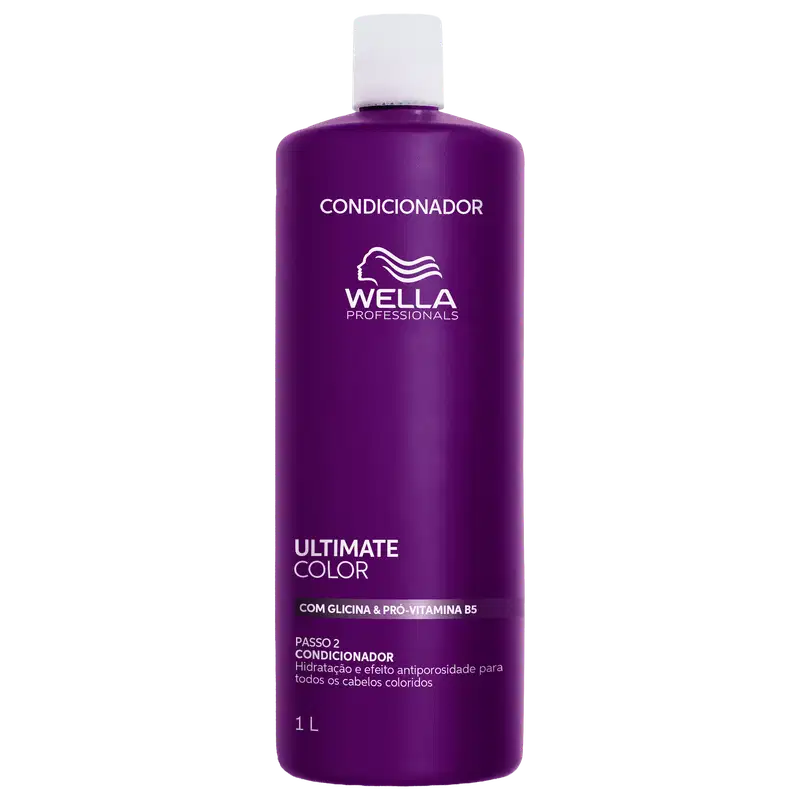 Frasco de condicionador da linha Ultimate Color da Wella Professionals, com 1 litro de volume, embalagem roxa com logo da marca, contendo informações sobre os benefícios do produto.