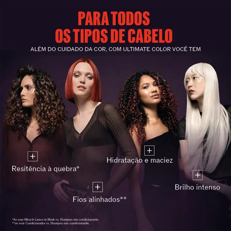 A imagem apresenta um anúncio da marca Wella Professionals, destacando modelos com diferentes cores de cabelo. Texto destaca  os benefícios do produto: resistência à quebra, fios alinhados, hidratação e maciez e brilho intenso.