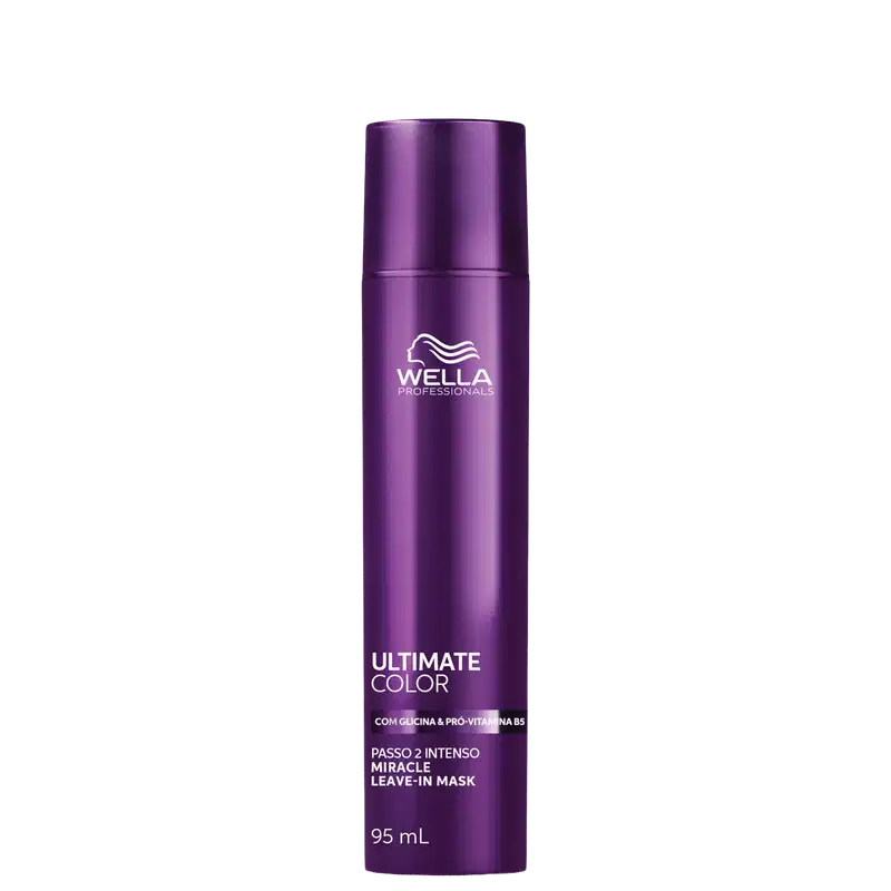 Frasco de máscara capilar da marca Wella Professionals, na cor roxa, com rótulo indicando "Ultimate Color" e "Passo 2 Intenso Miracle Leave-In Mask", com 95 ml de volume.