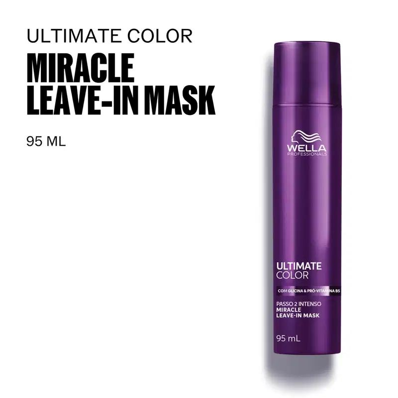 Frasco de máscara capilar da marca Wella Professionals, com 95 ml de capacidade, na cor roxa metálica. O rótulo destaca o nome "Ultimate Color Miracle Leave-In Mask" e menciona os ingredientes glicina e pró-vitamina B5.