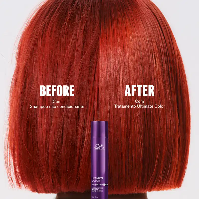 A imagem mostra um tratamento de cor de cabelo da marca Wella Professionals, com o produto Ultimate Color destacado em uma embalagem roxa. O antes e depois do tratamento são exibidos, com o cabelo vermelho brilhante após a aplicação do produto.