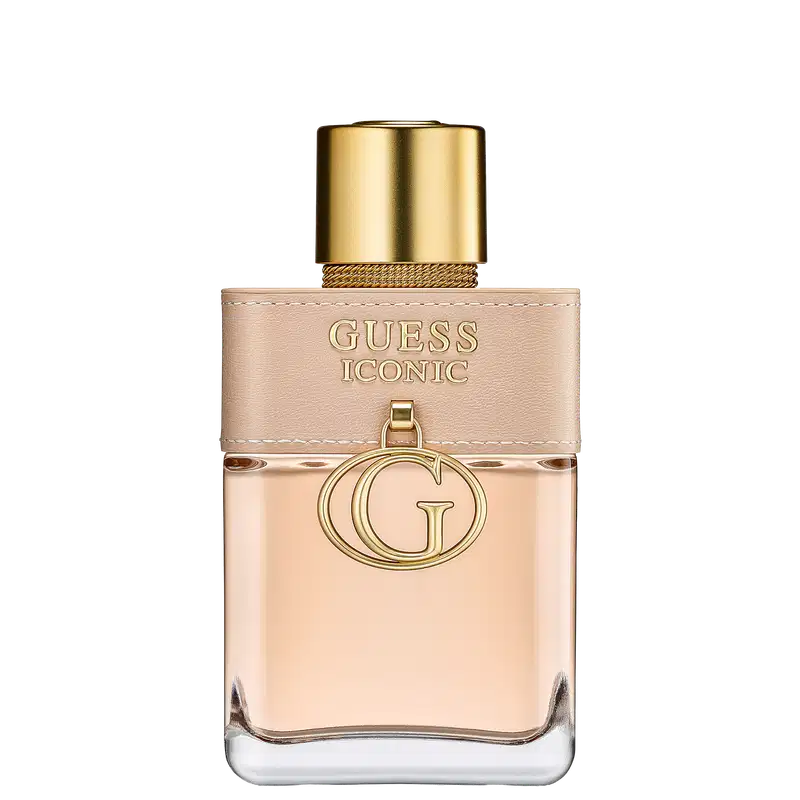 Frasco de perfume Guess Iconic, com embalagem em tons de bege e dourado, contendo o logotipo da marca em destaque. O frasco possui formato cilíndrico com tampa dourada, transmitindo uma imagem elegante e sofisticada.