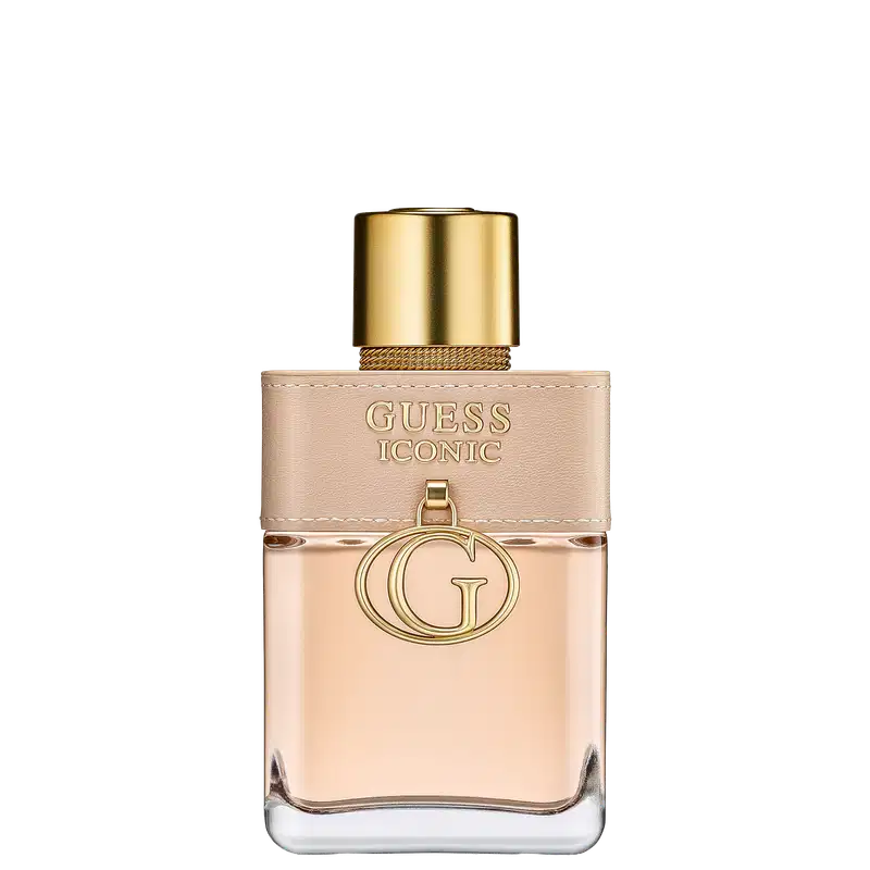 Frasco de perfume Guess Iconic com embalagem em tons de bege e dourado, contendo o logotipo da marca em destaque. O design é elegante e minimalista, com detalhes metálicos que conferem um aspecto sofisticado ao produto.