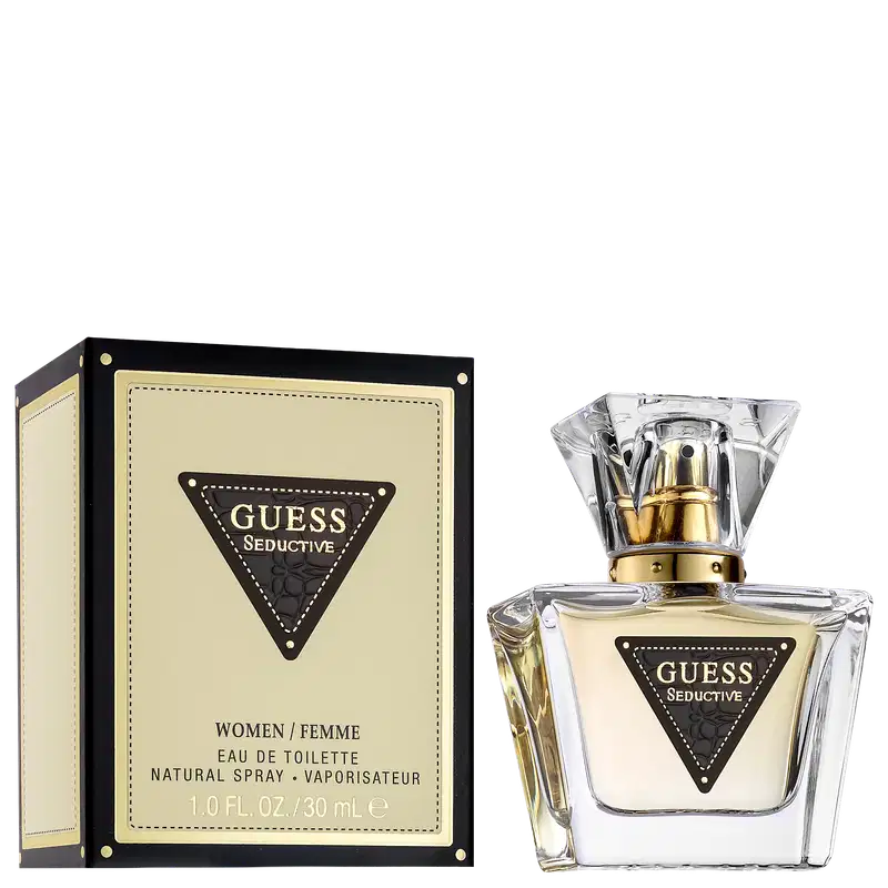 Frasco de perfume Guess Seductive para mulheres, com embalagem preta e dourada, contendo 30 ml de eau de toilette. O rótulo apresenta o nome da marca e a designação "Seductive" em destaque.
