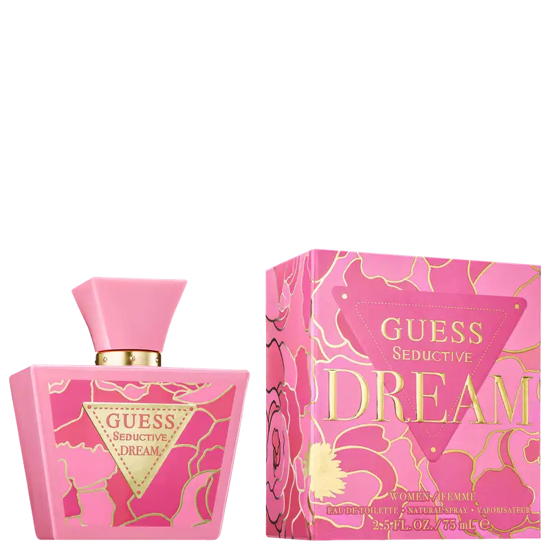Frasco de perfume Guess Seductive Dream em embalagem rosa e dourada, com rótulo destacando o nome da fragrância e indicando que se trata de um produto feminino.