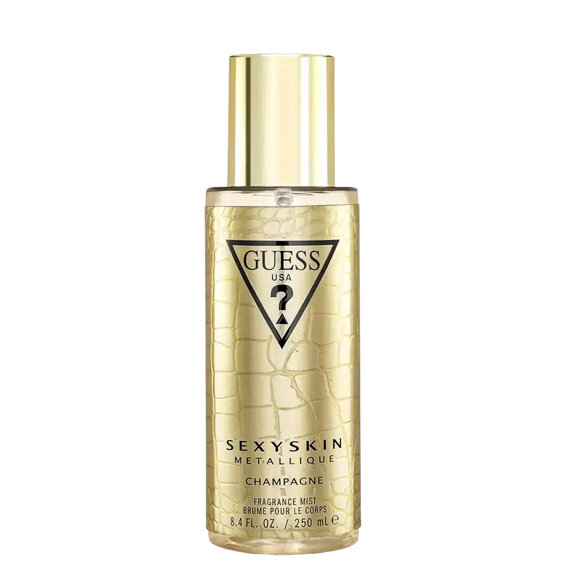 Frasco de perfume Guess Sexy Skin Metallique Champagne, com embalagem dourada e textura de couro, rótulo preto com logotipo triangular da marca.