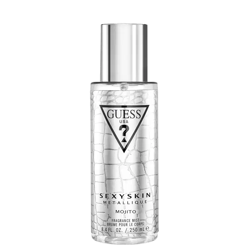 Frasco de perfume Guess Sexy Skin Metallique Mojito, com embalagem de vidro transparente e rótulo preto e branco, contendo 250 ml do produto.