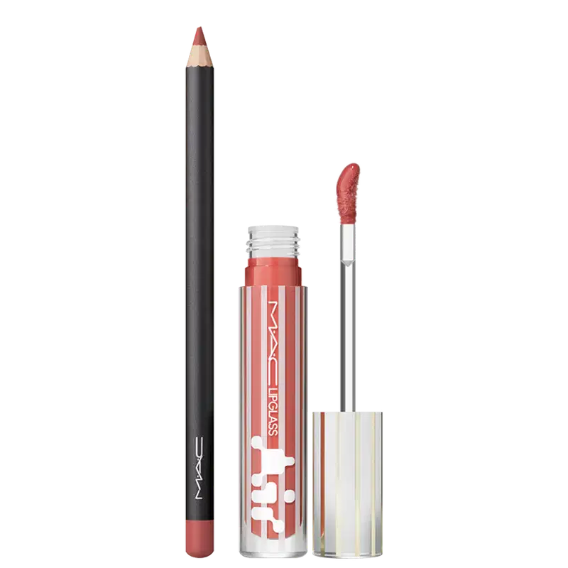 Lápis Labial Velvet Teddy (bege profundo) e Gloss Labial Air Non-Sticky na cor Casual (pêssego escuro) da marca M·A·C.