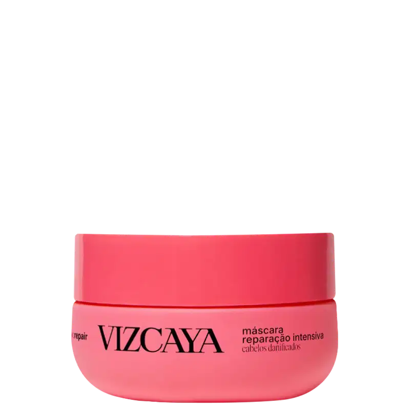 Embalagem rosa de máscara reparadora intensiva da marca Vizcaya, com texto em preto destacando o nome da marca e a função do produto.