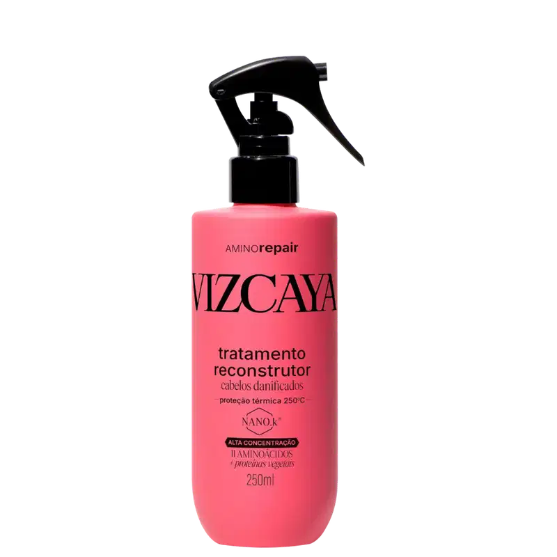 Frasco rosa com rótulo preto da linha Vizcaya Aminorepair, tratamento reconstrutor para cabelos danificados, com proteção térmica de 250°C e alta concentração de aminoácidos.