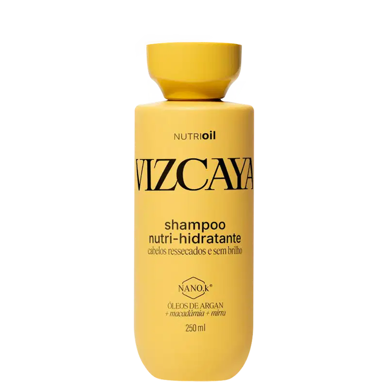 Frasco amarelo de shampoo Vizcaya Nutri-Hidratante, com 250 ml de volume, contendo óleos de argan, macadâmia e mirra, para cabelos ressecados e sem brilho.