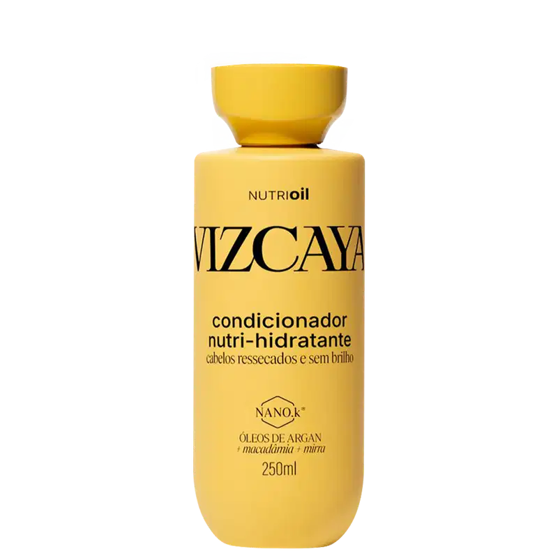Frasco amarelo de condicionador Vizcaya Nutri-hidratante, com 250ml, contendo óleos de argan, macadâmia e mirra, para cabelos ressecados e sem brilho.