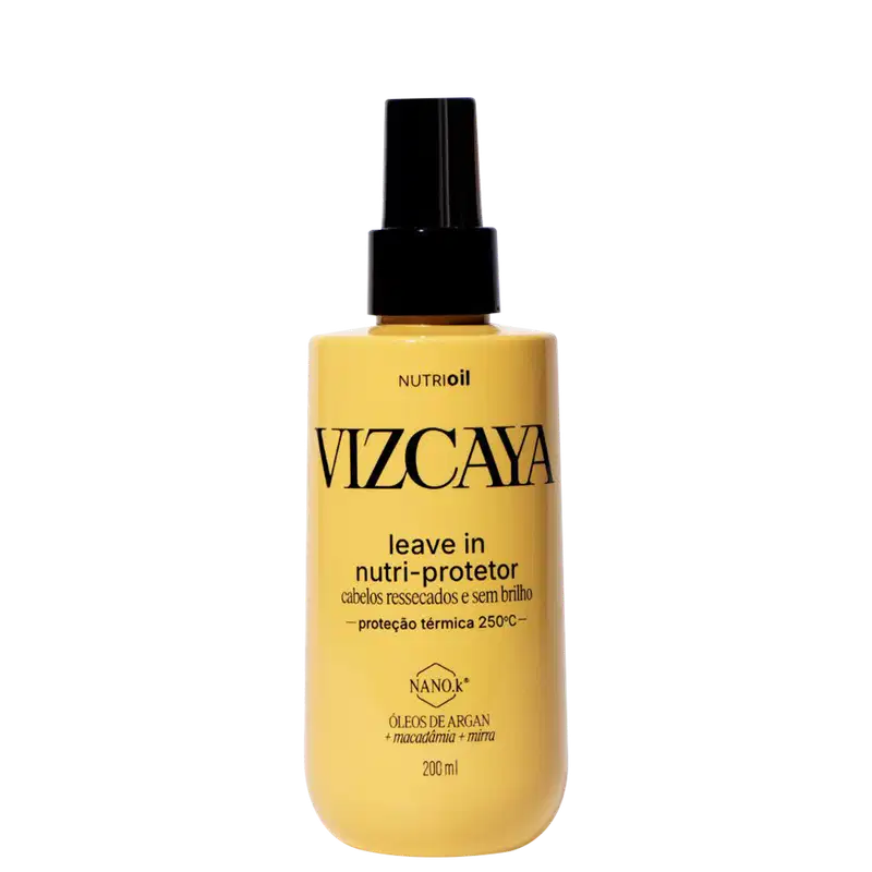 Frasco amarelo da linha Vizcaya contendo leave-in nutri-protetor para cabelos ressecados e sem brilho, com proteção térmica de até 250°C, enriquecido com óleos de argan, macadâmia e mirra.
