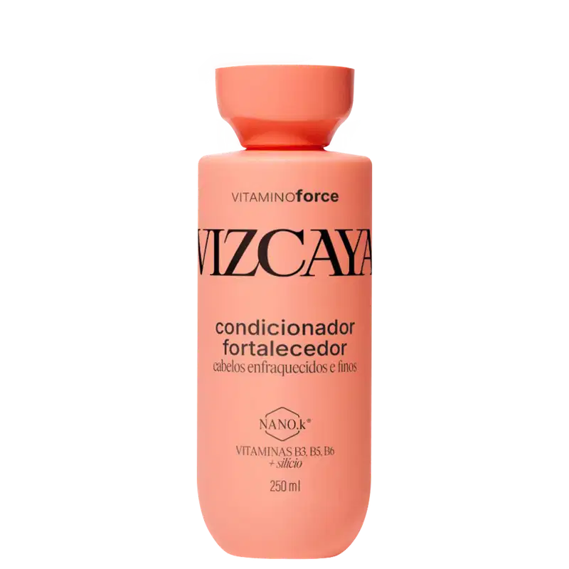 Frasco de condicionador fortalecedor Vizcaya, com embalagem rosa e texto em preto destacando os benefícios do produto para cabelos enfraquecidos e finos. O recipiente possui 250 ml e contém vitaminas B3, B5 e B6 além de silício em sua composição.