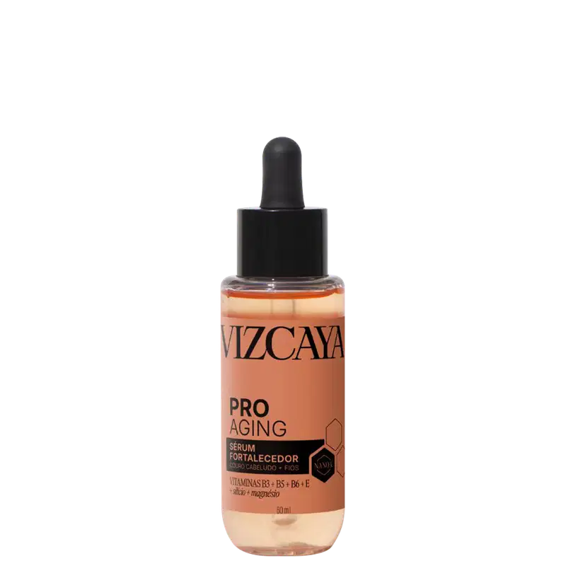 Frasco de vidro com conta-gotas preto contendo um sérum anti-envelhecimento da marca Vizcaya, com rótulo em laranja e branco destacando os ingredientes vitamínicos.