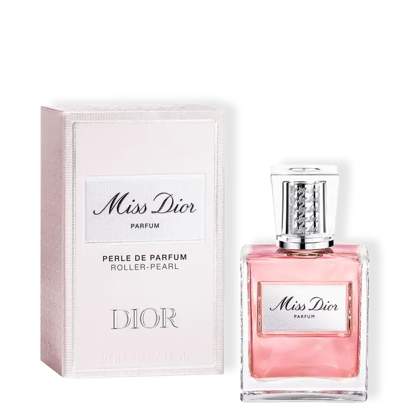 Miss Dior Parfum Perle de Parfum Roller-Pearl, frasco de vidro rosa com rolador pérola e caixa rosa claro com fita branca, 20 ml.