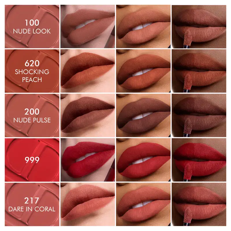 Imagem mostrando diversos tons de batom em embalagens da marca Dior, em diferentes cores como nude, pêssego, vermelho e coral, dispostos sobre uma superfície neutra.
