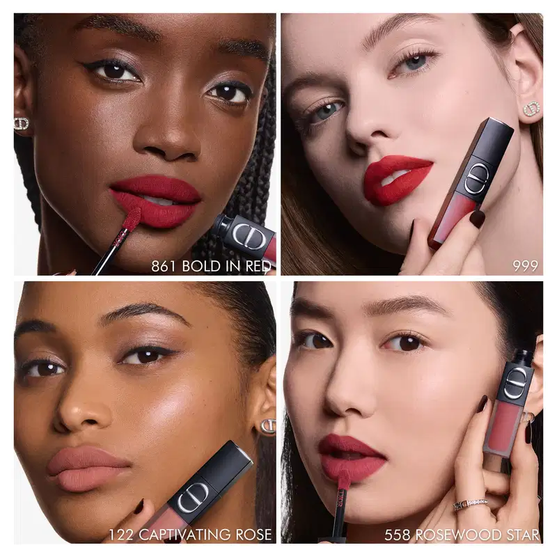 Imagem de quatro batons da marca Dior em embalagens pretas e vermelhas, com cores vibrantes e textura sedosa, em um fundo branco com sombras suaves.