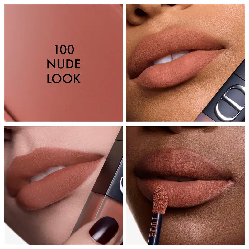 Imagem promocional da linha de maquiagem "100 Nude Look" da Dior, com foco em detalhes dos lábios e aplicação de batom em tons neutros, em um ambiente minimalista e monocromático.