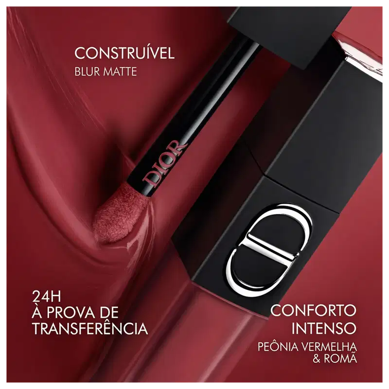 Embalagem preta e vermelha de item de batom da marca Dior, com texto "CONSTRUÍVEL BLUR MATTE" e "CONFORTO INTENSO PEÔNIA VERMELHA & ROMA" visíveis.