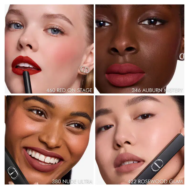 Quatro imagens de produtos de maquiagem da marca Dior, com diferentes tons de batom vermelho e rosa, em close-up dos lábios de modelos com diferentes tons de pele.