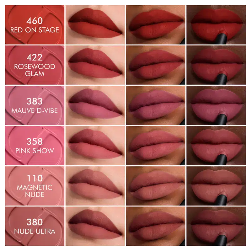 Apresentação de uma linha de batons da marca Dior, com diferentes tonalidades de vermelho e rosa, em um ambiente de maquiagem com fundo vermelho, destacando as cores e texturas dos produtos.