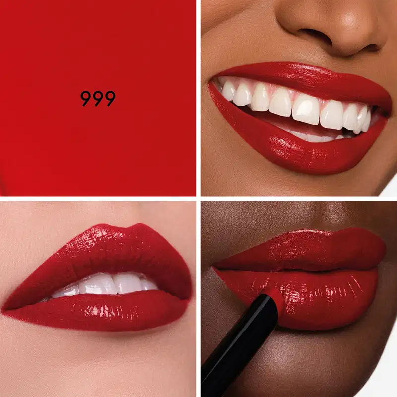 Ambiente de beleza sofisticado apresentando o batom vermelho 999 Dior em diferentes tons de pele.