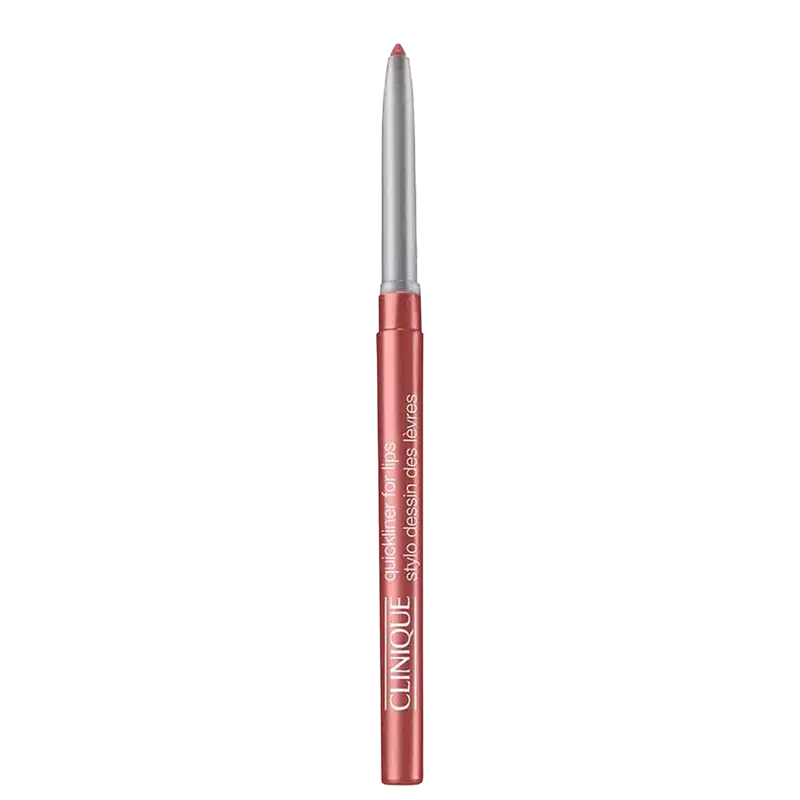 Lápis labial Clinique de cor rosada em embalagem cilíndrica com tampa, com texto "Clinique" e "Quick liner for lips" impresso.
