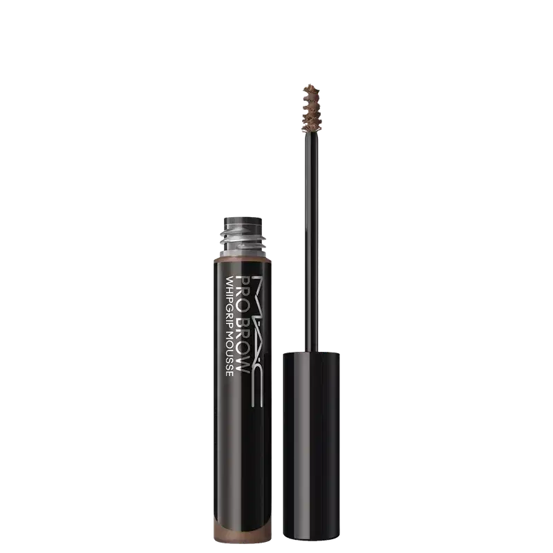 Frasco preto com aplicador em espiral. Produto para sobrancelhas em tom marrom, com embalagem cilíndrica e tampa preta destacada.