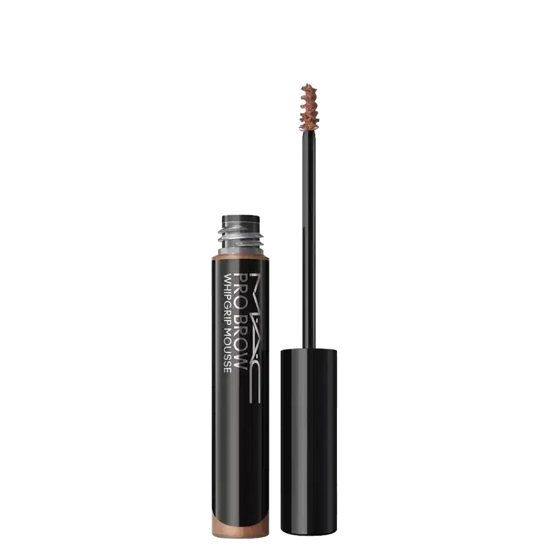 Pro Brow Whipscultpouse MAC em embalagem cilíndrica preta com aplicador em espiral. Produto em tom marrom claro, frasco com rótulo branco e tampa preta destacável.
