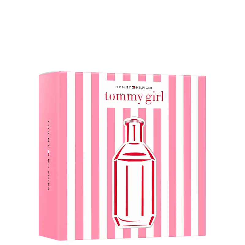 Perfume Tommy Girl da Tommy Hilfiger em frasco branco com detalhes em vermelho, apresentado em embalagem de caixa com listras rosa e brancas, design clássico e elegante da marca.