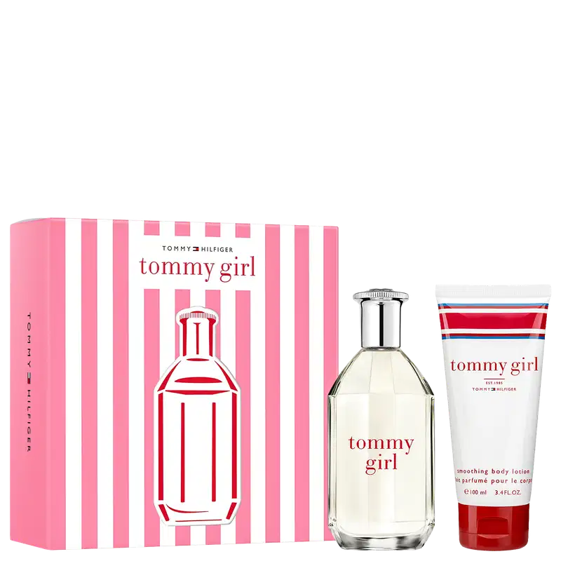 Conjunto Tommy Girl da Tommy Hilfiger com frasco de perfume transparente, loção corporal em tubo branco e rosa, e caixa de embalagem rosa com listras brancas e vermelhas.