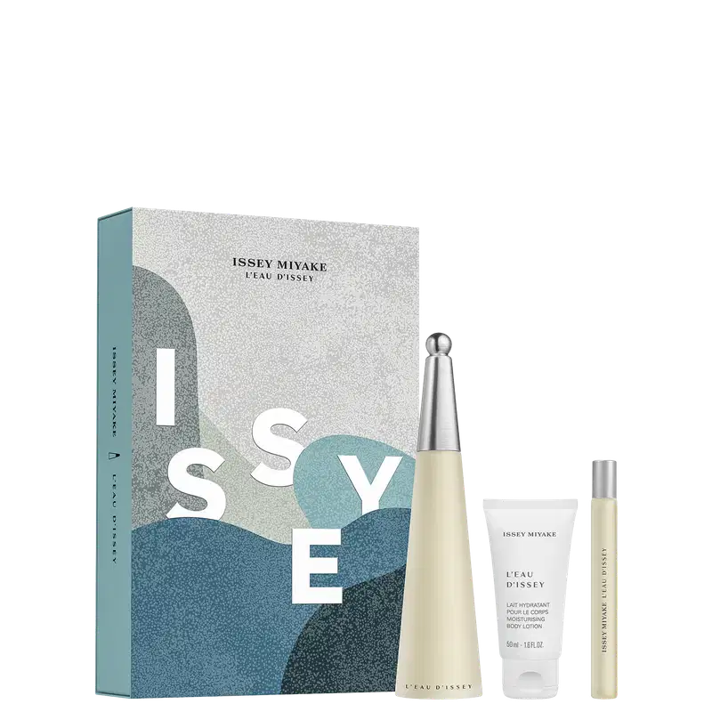 Caixa e frascos de perfume e loção corporal da marca Issey Miyake, com cores predominantes de cinza, branco e azul. O rótulo exibe o nome da marca e do produto "L'eau d'Issey".