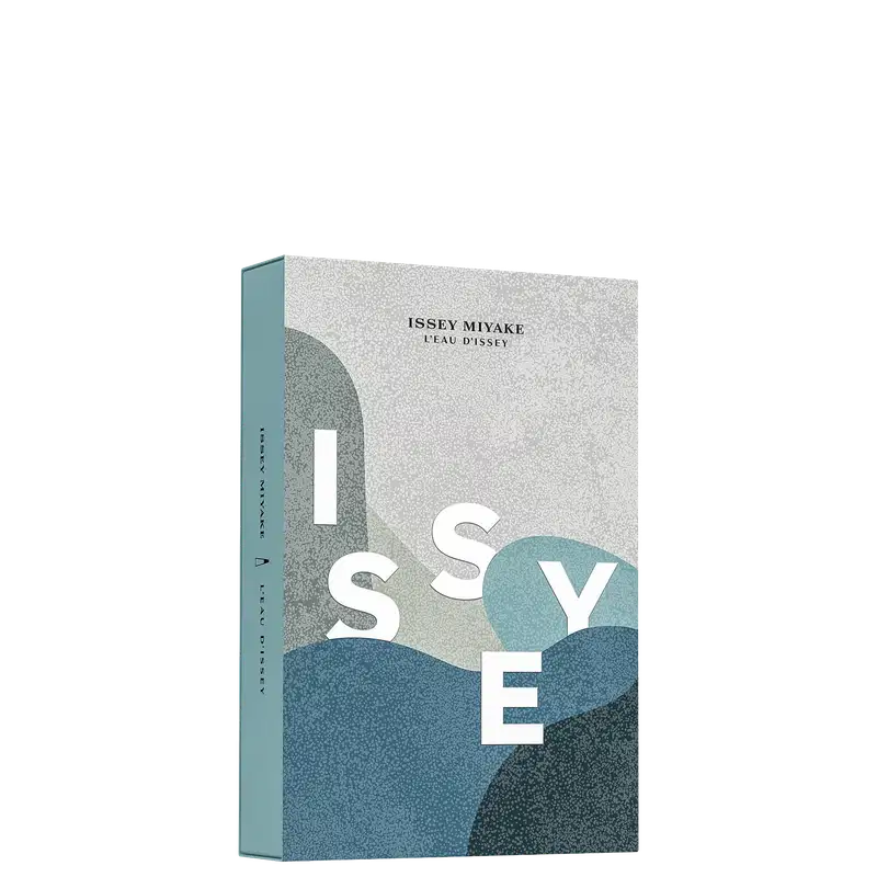 Caixa retangular de produto Issey Miyake com design minimalista em tons de cinza e azul, exibindo o nome da marca "Issey Miyake" e a descrição "L'eau d'Issey" em letras pretas.
