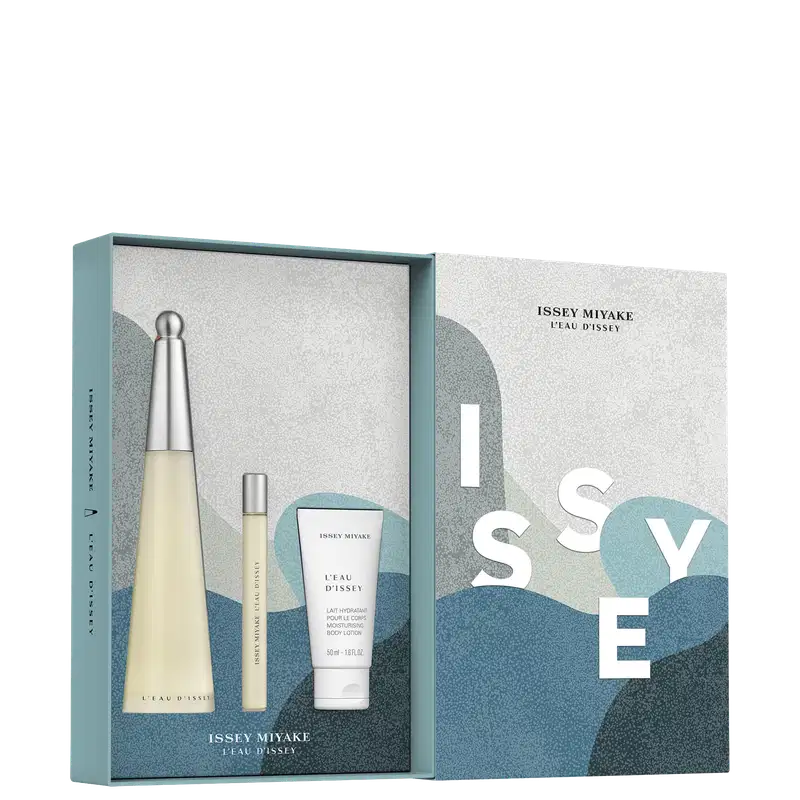 Conjunto de produtos de beleza da marca Issey Miyake, incluindo um frasco de perfume, um tubo de creme hidratante e uma caixa com o nome da marca e do produto "L'eau d'Issey". As cores predominantes são tons de azul e cinza.