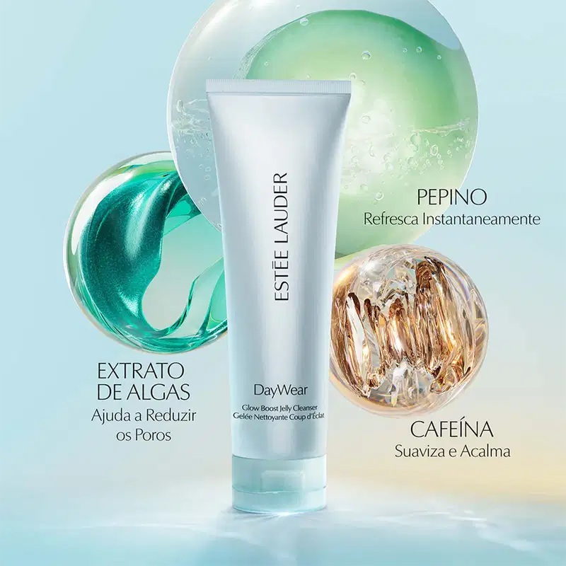 Tubo do limpador facial Glow Boost Jelly da DayWear, com ingredientes como extrato de algas, pepino e cafeína.