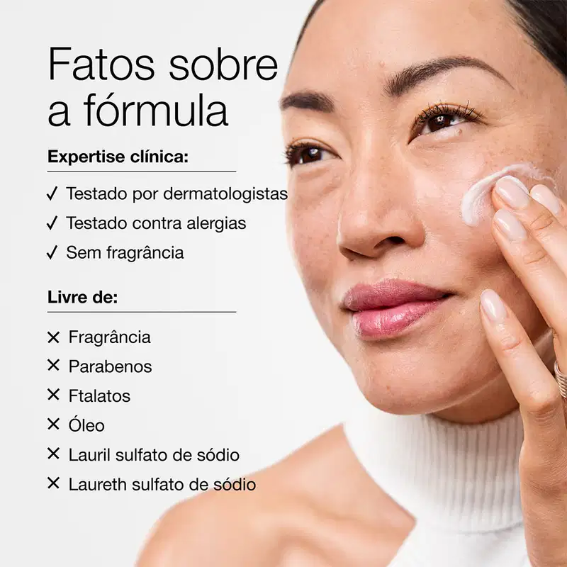 Imagem de mulher asiática aplicando o creme no rosto. Texto explica que o produto é testado por dermatologistas, testado contra alergias e não contém fragrância, além de estar livre de vários ingredientes pesados.