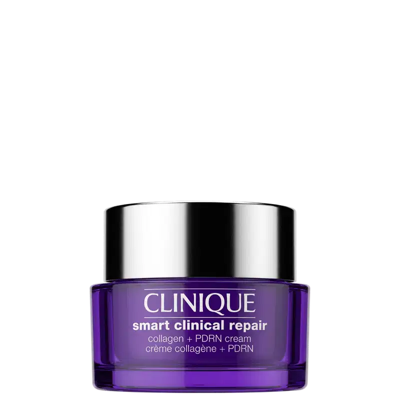Frasco de creme facial da marca Clinique, na cor roxa, com rótulo destacando "smart clinical repair" e "collagen + PDRN cream".