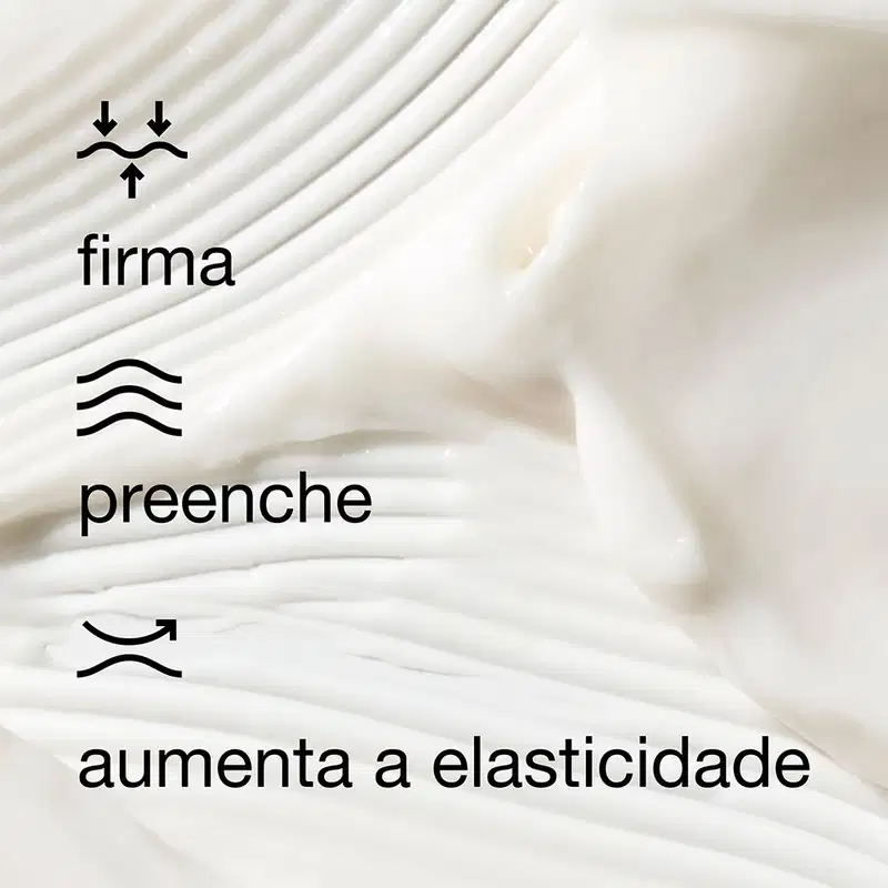Imagem da textura do creme com texto dizendo que o produto firma, preenche e aumenta a elasticidade.